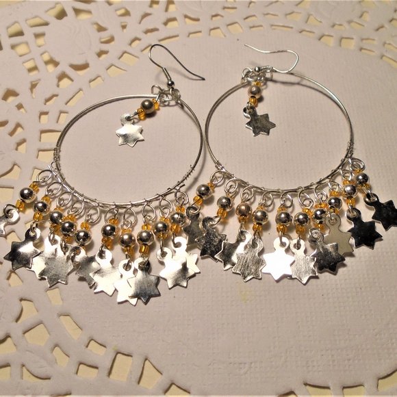 Handmade NEW Boho Dangle Seed Bead & Star Fringe earring, Dangle hoop earrings, - Picture 7 of 8